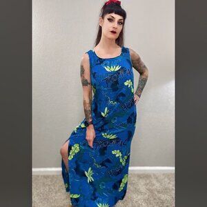 90s Vintage Hawaiian Blue Green Tropical Tiki Dress Hilo Hattie Sheath Boho M